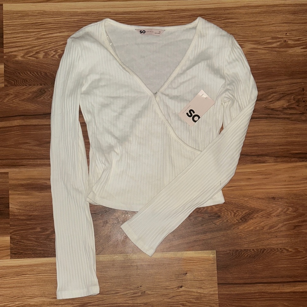 SO Women's Cream Ribbed Long Sleeve Wrap Top